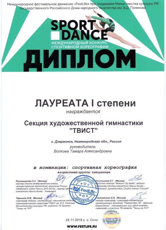 Секция художественной гимнастики "ТВИСТ" - лауреаты Международного конкурса "SportDance" (г.Дагомыс, 24.11.2019г.)