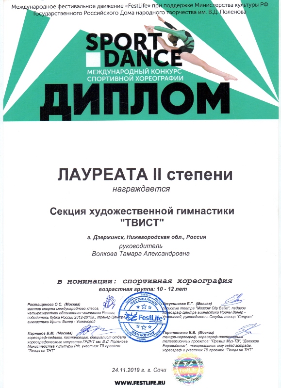 Секция художественной гимнастики "ТВИСТ" - лауреаты Международного конкурса "SportDance" (г.Дагомыс, 24.11.2019г.)