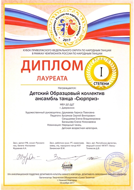 Образцовый ансамбль танца "Сюрприз" - обладатель Кубка ПФО на народным танцам в детской возрастной номинации 2017 года (г.Н.Новгород)